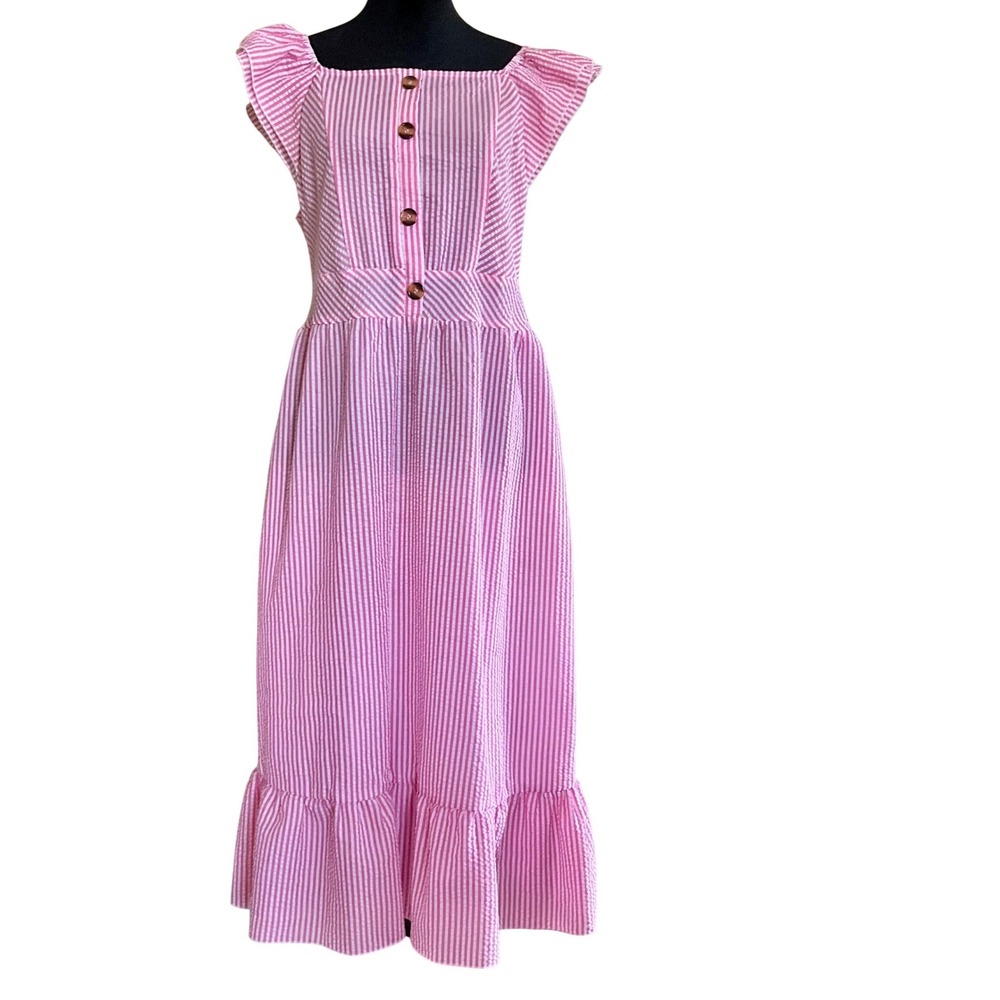 Pink White Seersucker Stripe Flutter Sleeve Midi‎ Dress Plus 0XL Prairie Cottage